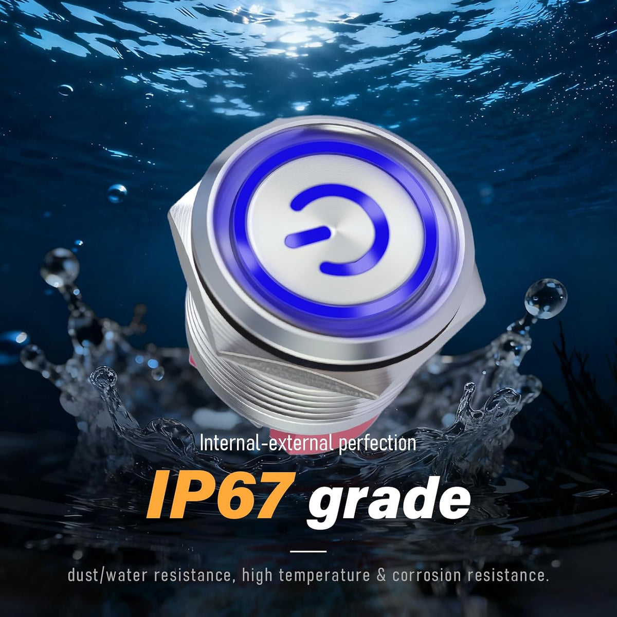 15Amp Push Button Switch，22mm(0.866") 12V-24V Latching Push Button Switch AC/DC IP67 Waterproof LED Angel Eye Light On and Off with Wire Socket