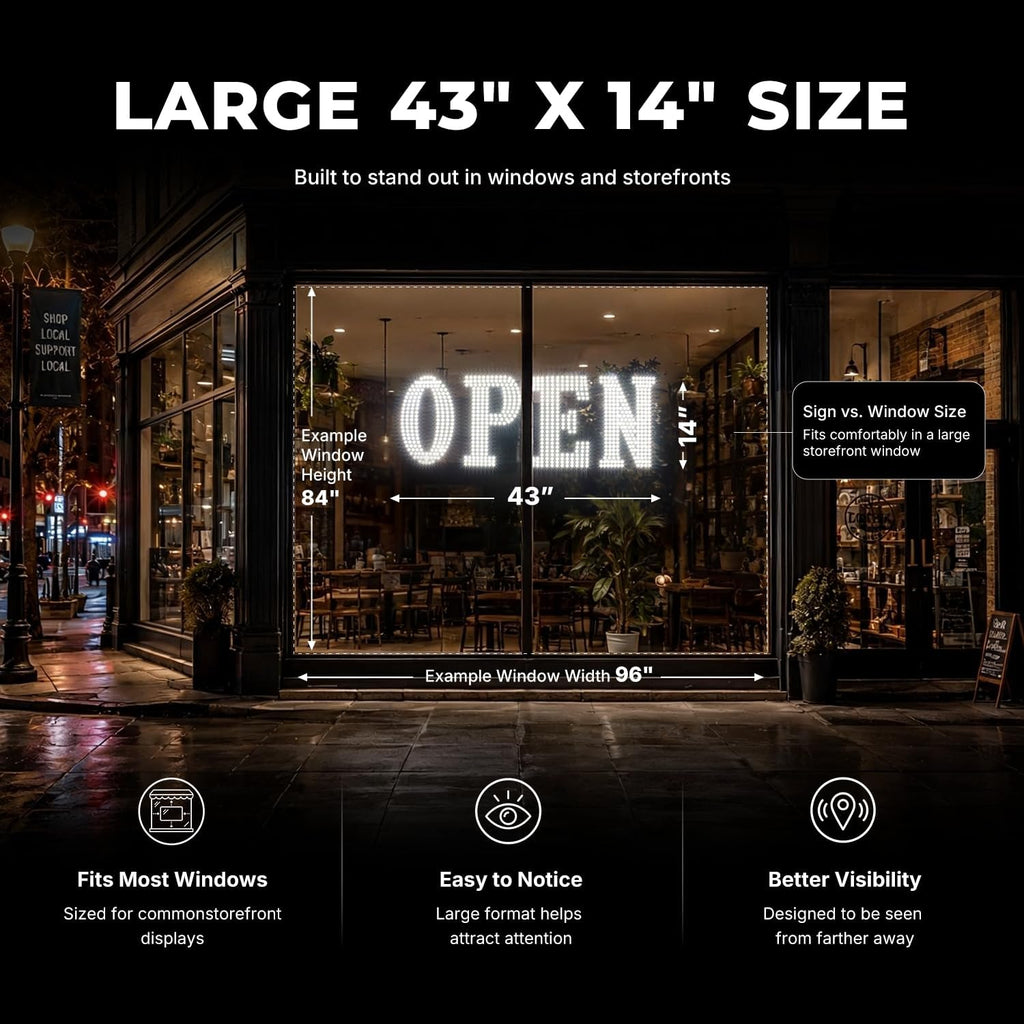 43'' × 14'' LED OPEN Signs for Business, Extra Large OPEN Sign with Remote Control, 14 Flashing Modes, Adjustable