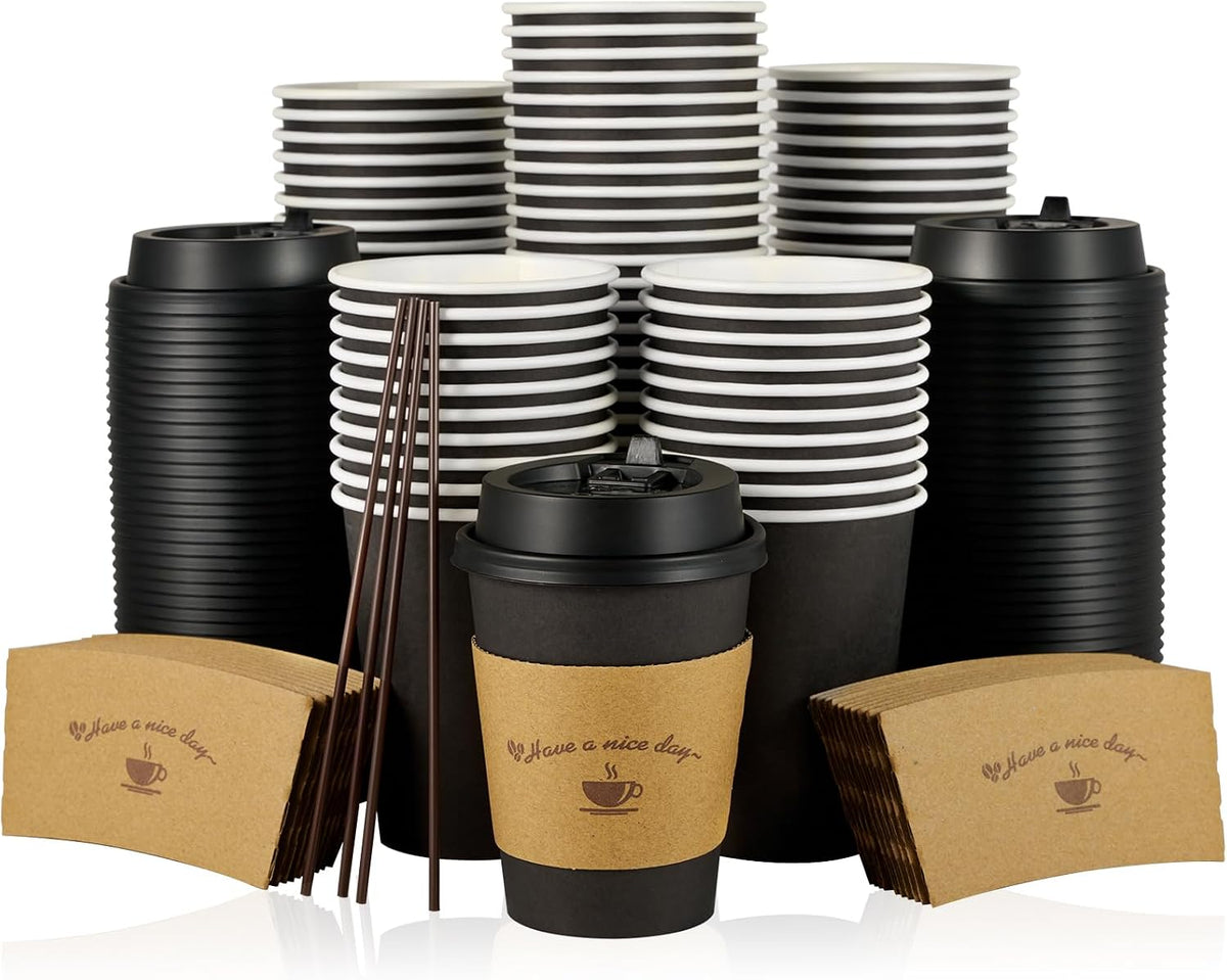 100 Pack 12 oz Coffee Cups with Lids, Disposable Coffee Cups