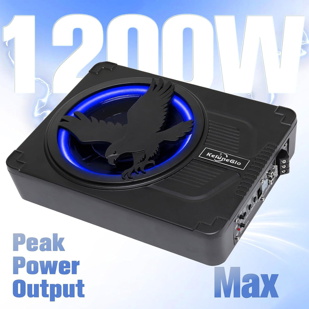 10 Inch Slim Under Seat Powered Car Subwoofer, 1200W Max Active Built-in Amplifier, Blue Ambient Light, Low Profile