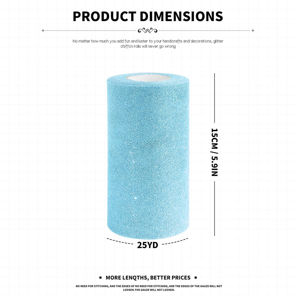 6"x 50 Yards Light Blue Glitter Tulle Fabric Rolls for DIY Tutu Party Decor