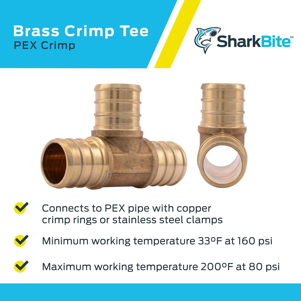 SharkBite 3/4 Inch Crimp Tee, Brass Plumbing Fitting, PEX Pipe, PE-RT, UC370LFA