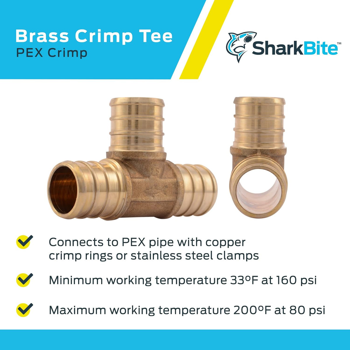 SharkBite 3/4 Inch Crimp Tee, Brass Plumbing Fitting, PEX Pipe, PE-RT, UC370LFA