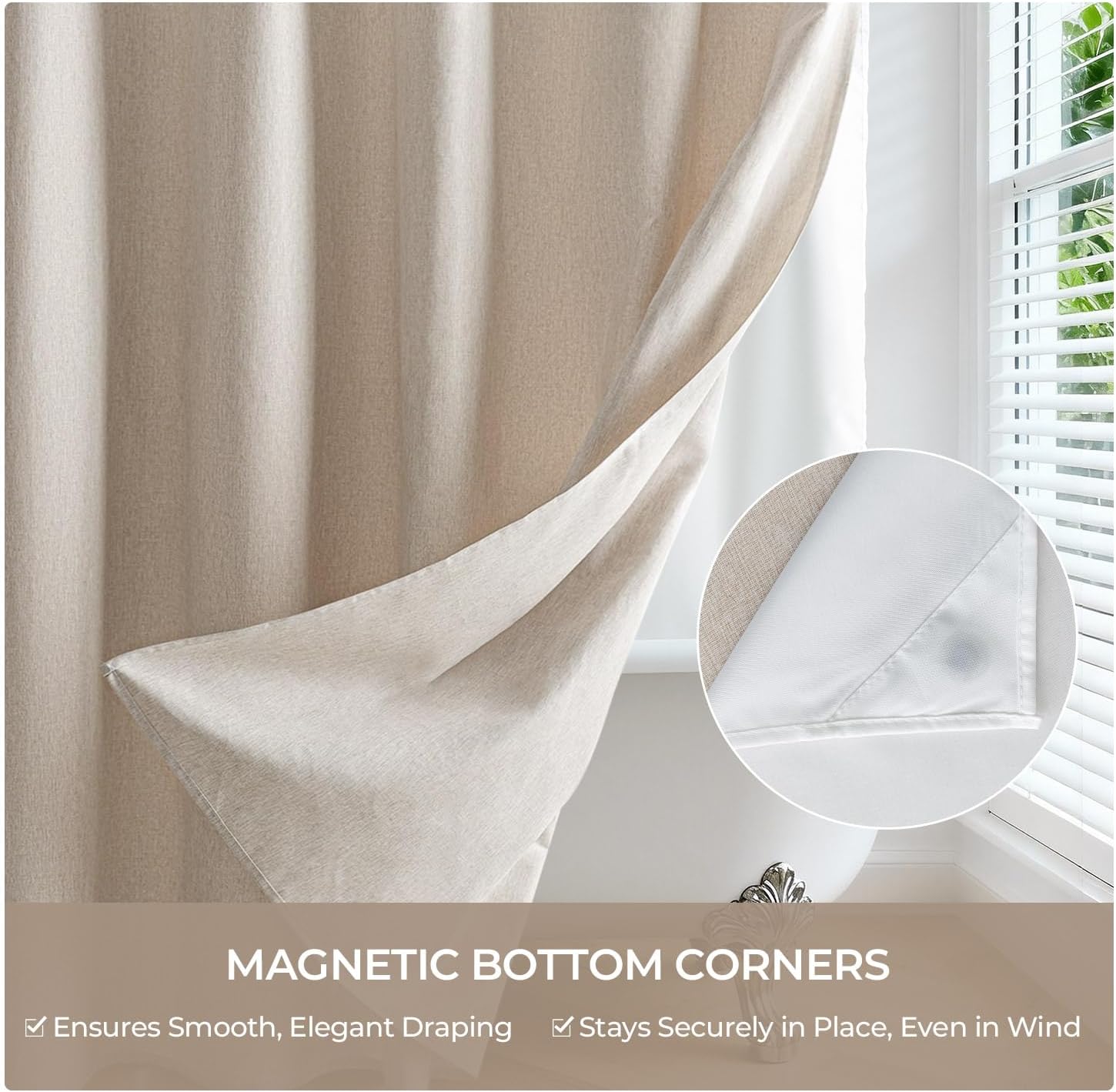 Linen Textured No Hooks Shower Curtain with Liner,Linen,71x74 | Mesh Top Window,with Snap-in Liner,Heavy Duty