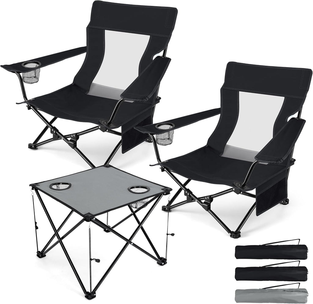 Low Beach Chairs, 3Pcs Folding Camping Chairs with Table - Black | Lawn Chair Set for Adults Fishing, Picnic