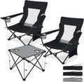 Low Beach Chairs, 3Pcs Folding Camping Chairs with Table - Black | Lawn Chair Set for Adults Fishing, Picnic