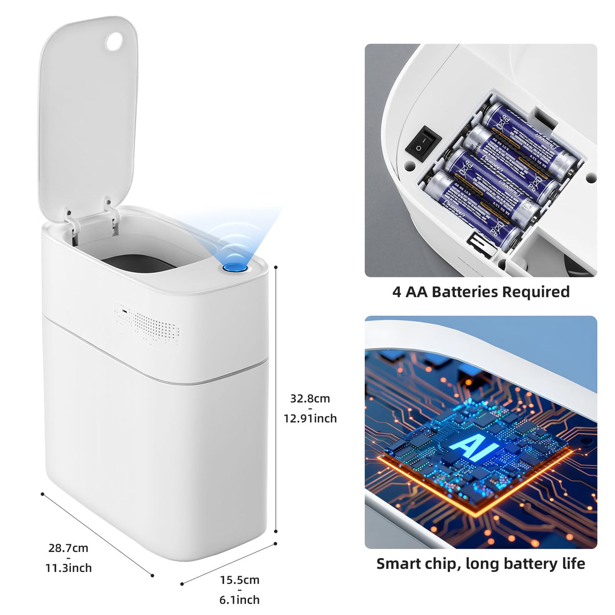 3.5 Gal Slim Touchless Bathroom Trash Can, Automatic Diaper Pail