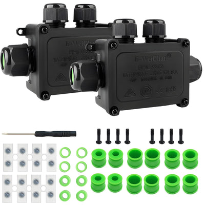 Waterproof Junction Box, 2 PCS 4 Way Outdoor Electrical Box with Terminal Block and Screwdriver, IP68 Plastic Cable Connector for Landscape Lighting and Garden Lights