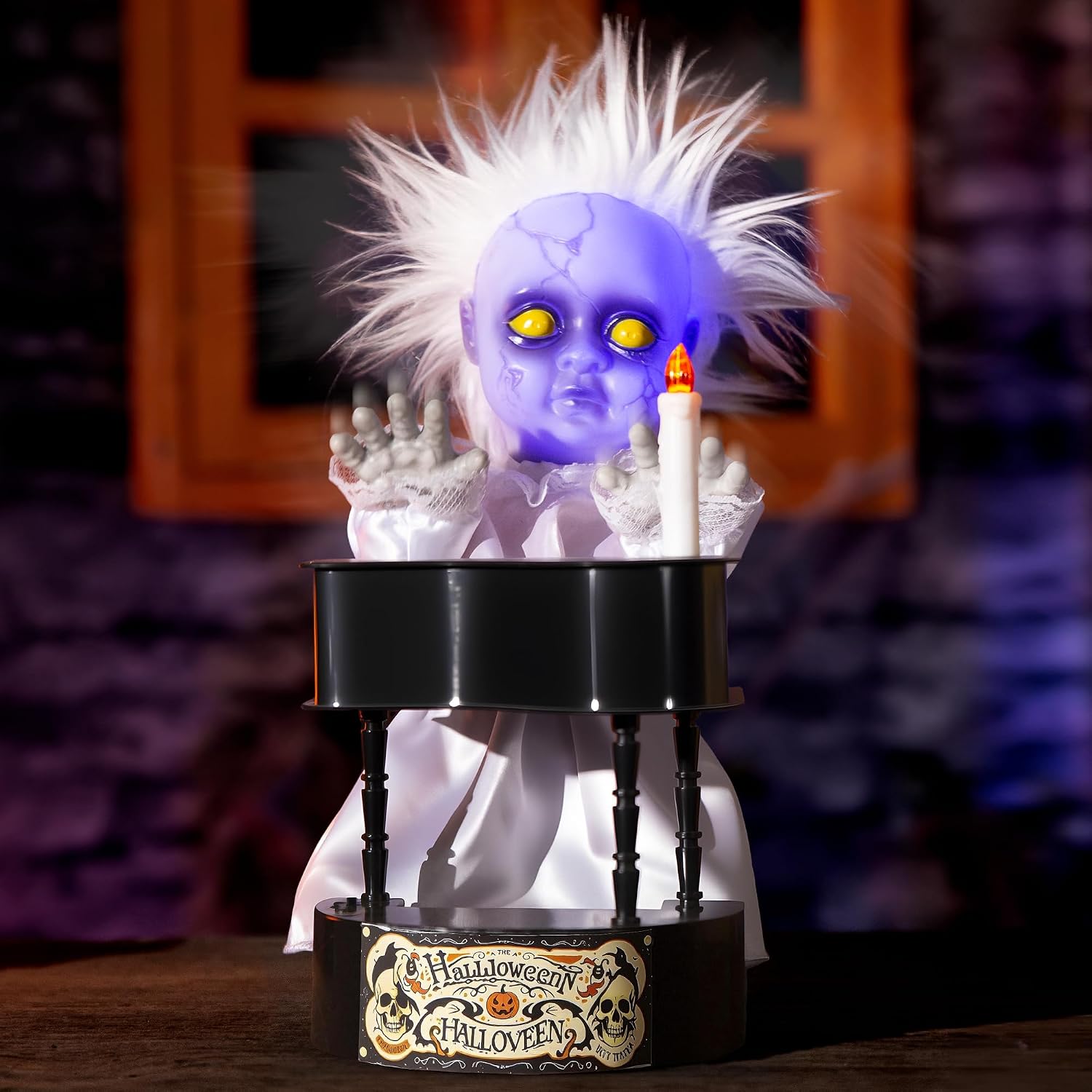Halloween Animatronics Decorations, 13.7'' Creepy Doll with Piano, Animated Doll with Sound Activated, Scary Voice