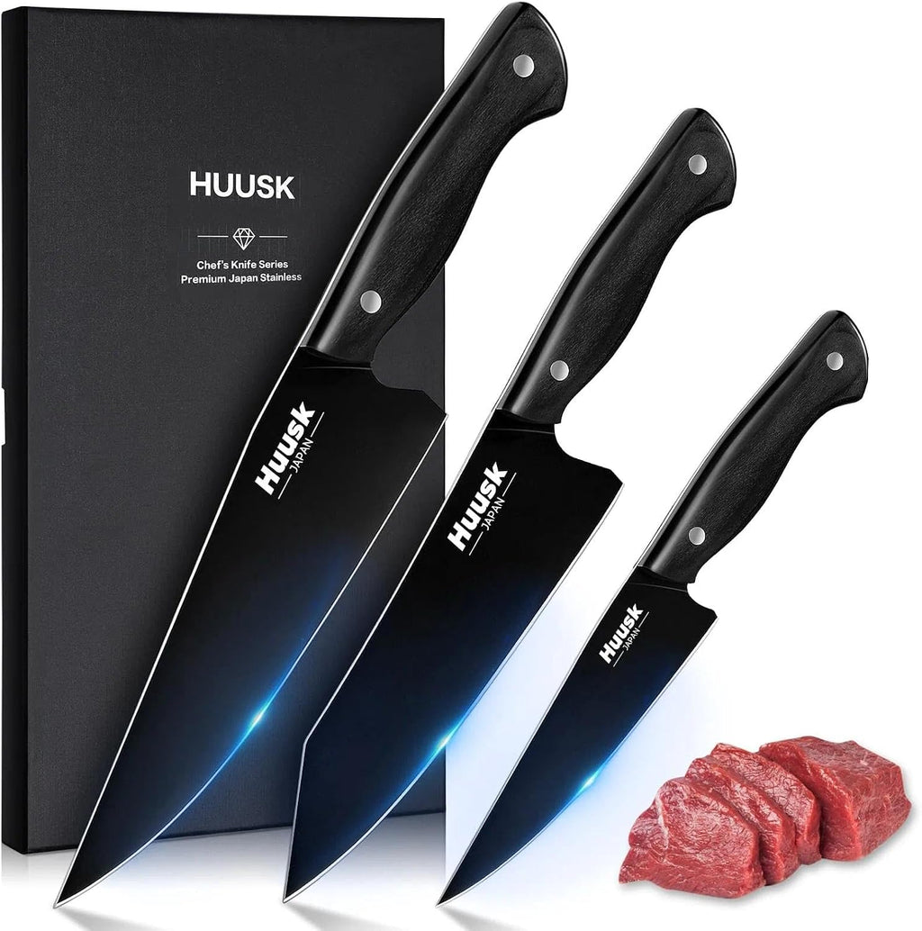 Japanese Chef Knife Set for Kitchen - 3 pcs Black Kitchen Knife Set