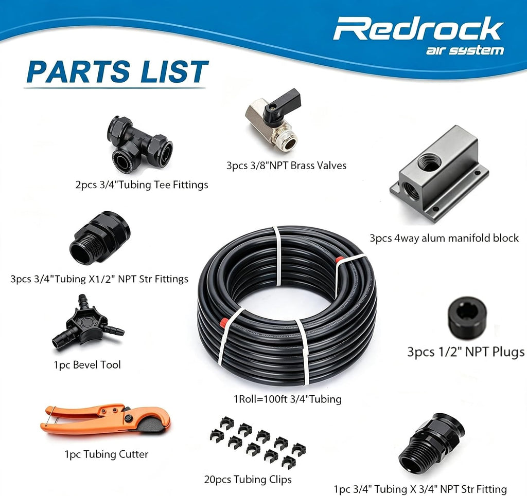 Compressed Air Piping System 3/4" x 100 feet HDPE Aluminum Air Line Kit Air Compressor Hose kit for Shop Garage 200PSI and 2 Pack 3/4 inch Straight Air System Fittings with 3/4" Male NPT Thread