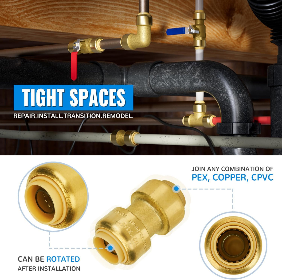 1/2 Inch Coupling, Push Pex Fittings 1/2 Inch, Brass, 12-Pack