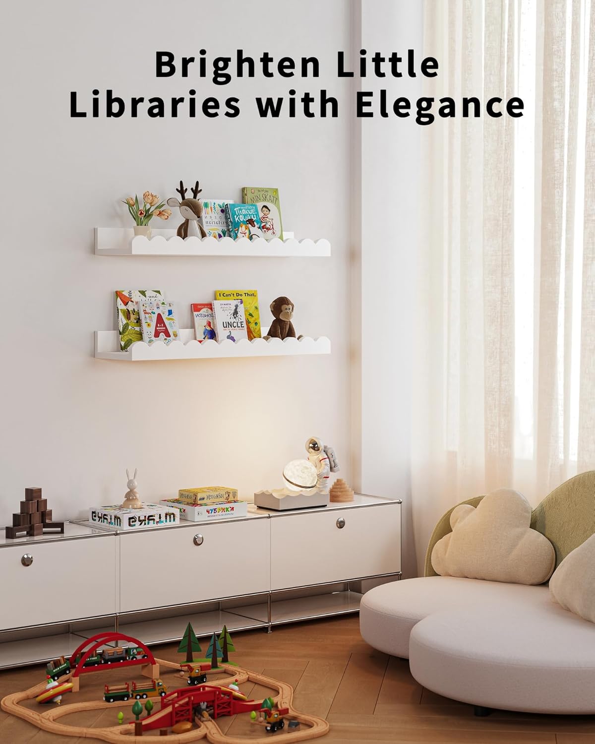 Nursery Book Shelves, 4-Pack White Floating Shelves for Wall Kids, Scalloped Shelves, Wall Book Shelves for Bedroom