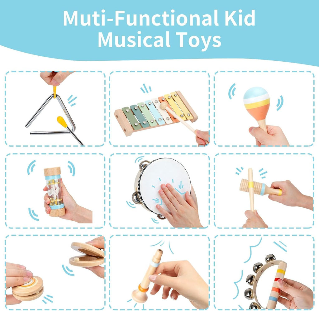 Baby Musical Instruments Set Wooden Montessori Toys for Toddlers | musical toy for toddlers 1-3, xylophone tambourine