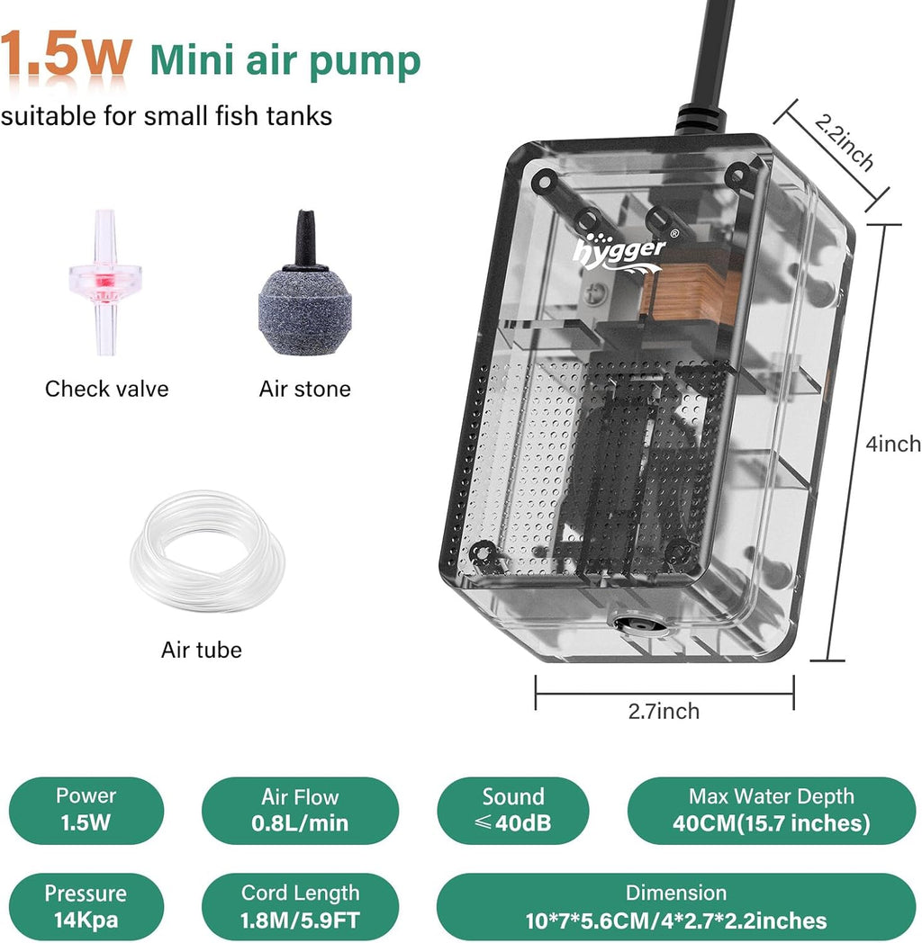 See-Through Air Pump for 20-50 Gallon Aquarium Fish Tank: Oxygen Pump,Silent Powerful Aerator Pump 1.5W 1 Air Outlets