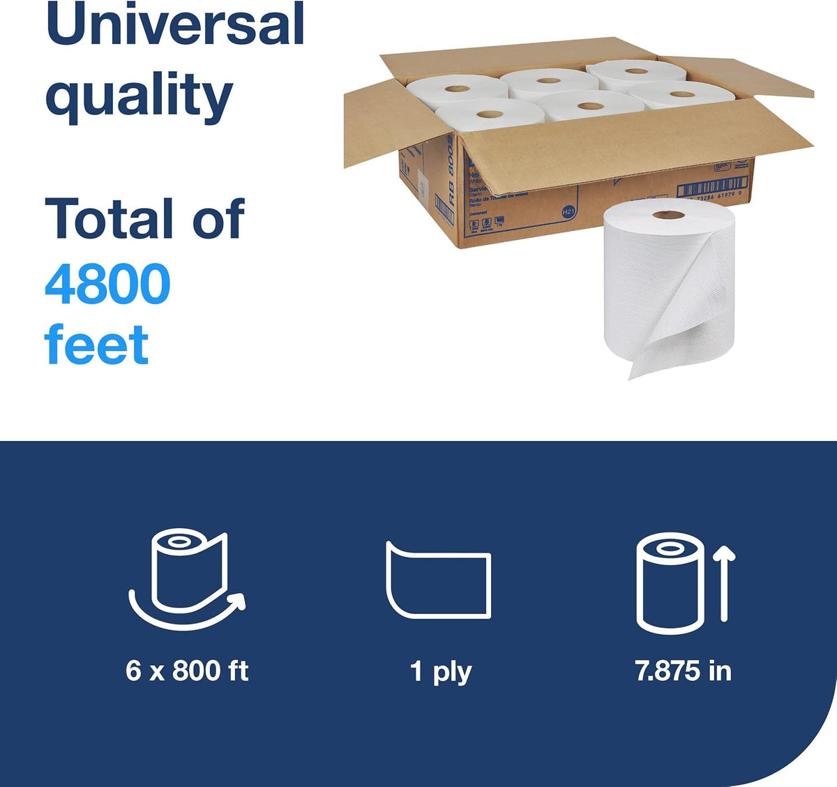 Universal Hand Towel Roll White, 6 Rolls x 800 Ft, RB8002