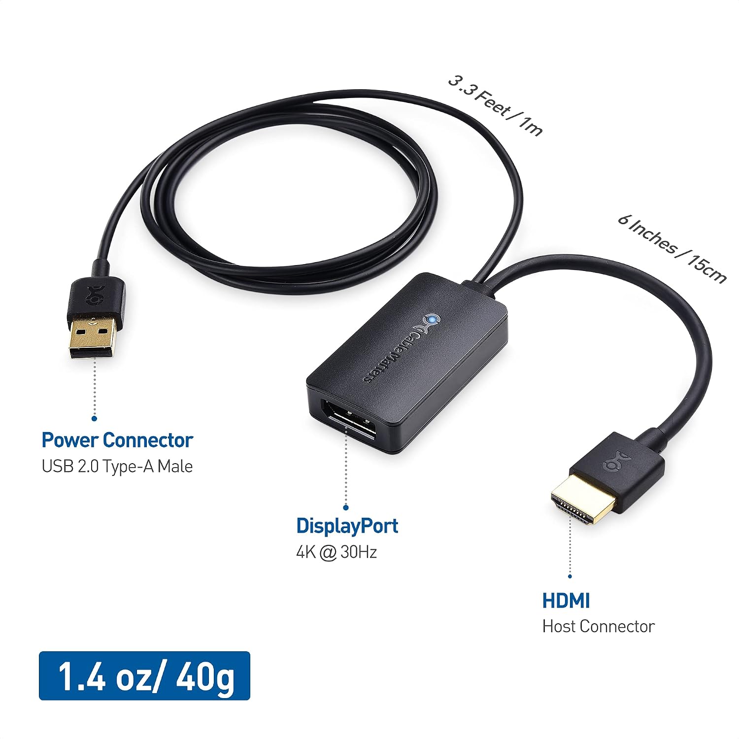 HDMI to DisplayPort Adapter, Active HDMI to DP, 4K@30Hz | Unidirectional, HDMI Source to DisplayPort Monitor Only