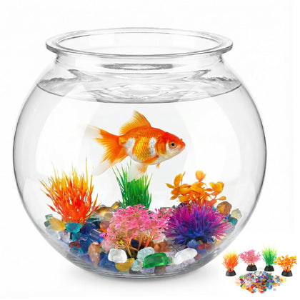 1 Gallon Clear Plastic Fish Bowl Set with 5 Artificial Plants and Stones