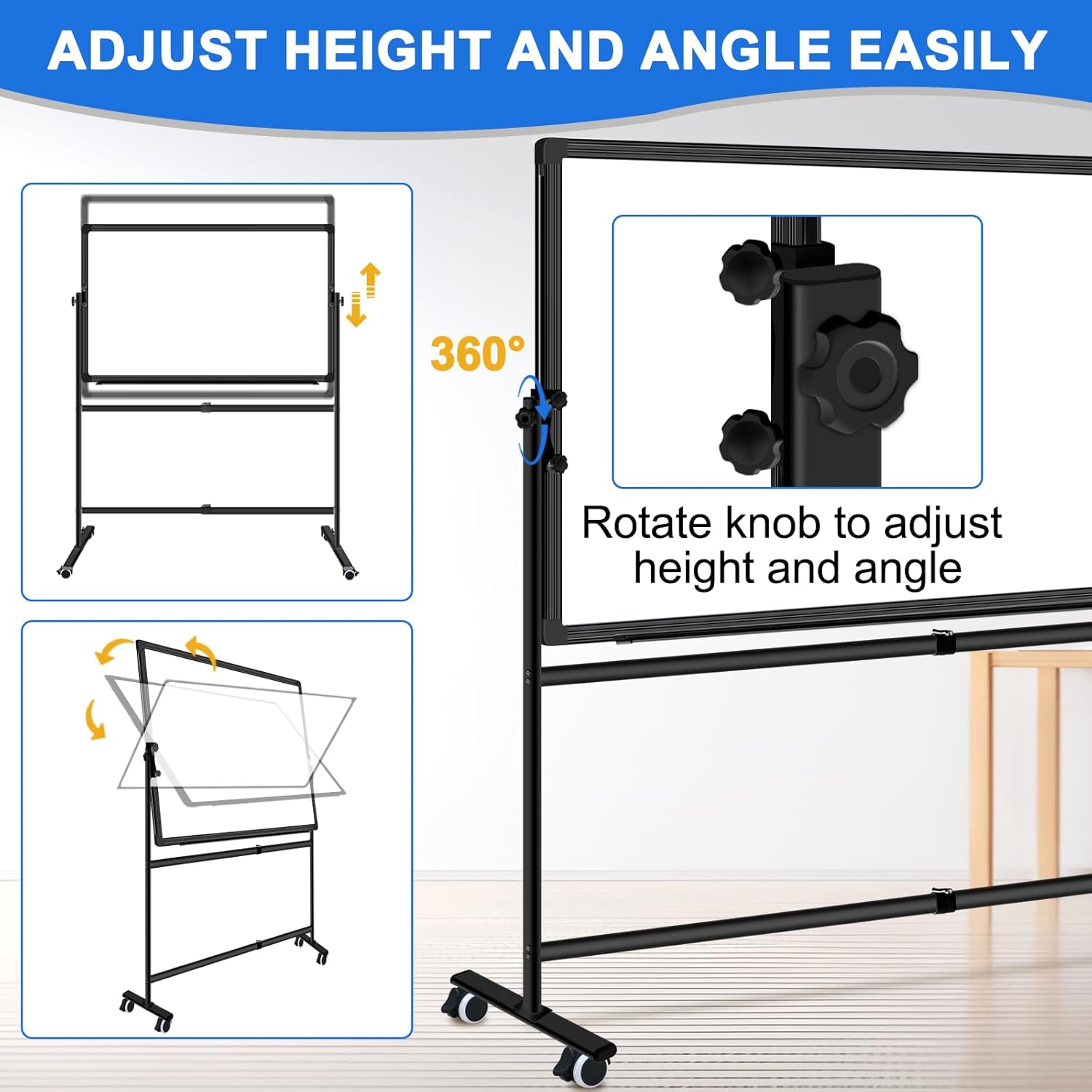 36"x24" Double-Sided Mobile Whiteboard and Cork Boards with Stand Adjustable Height and Angle Rolling Magnetic Dry