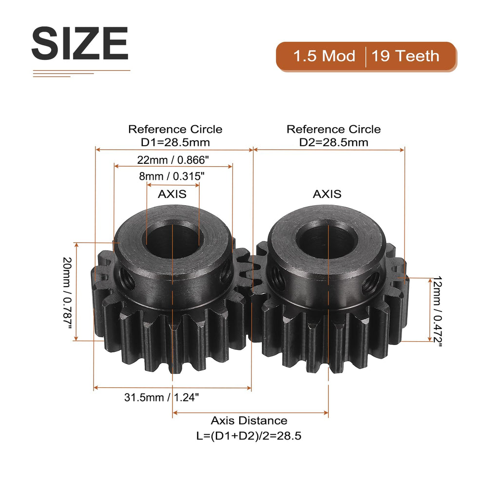 DTGN Spur Gear 1.5Mod 19 Teeth 12mm Thickness 8mm Bore 2Pcs