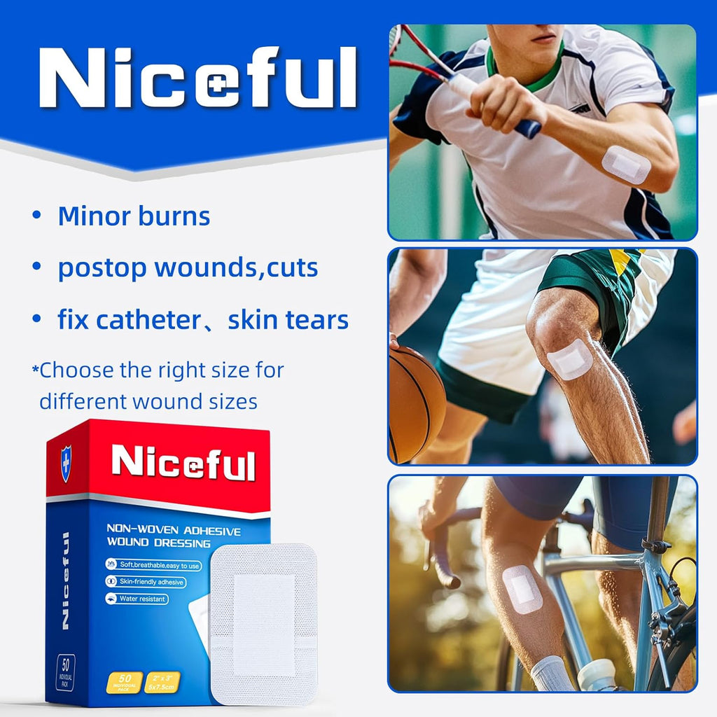 50Pcs Adhesive Gauze Bandages 2"x3", Water-Resistant Wound Island Dressing, Sterile & Absorbent Medical Grade
