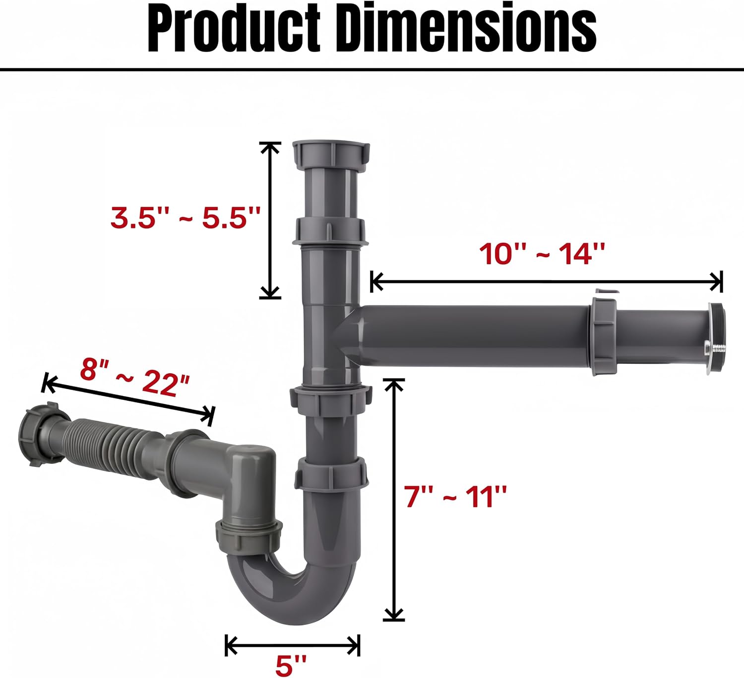 Garbage Disposal Installation Kit For Double Bowl Sink, 1-1/2 Inch Drain | Wall/Floor Outlet, Reinforced PP, P-Trap