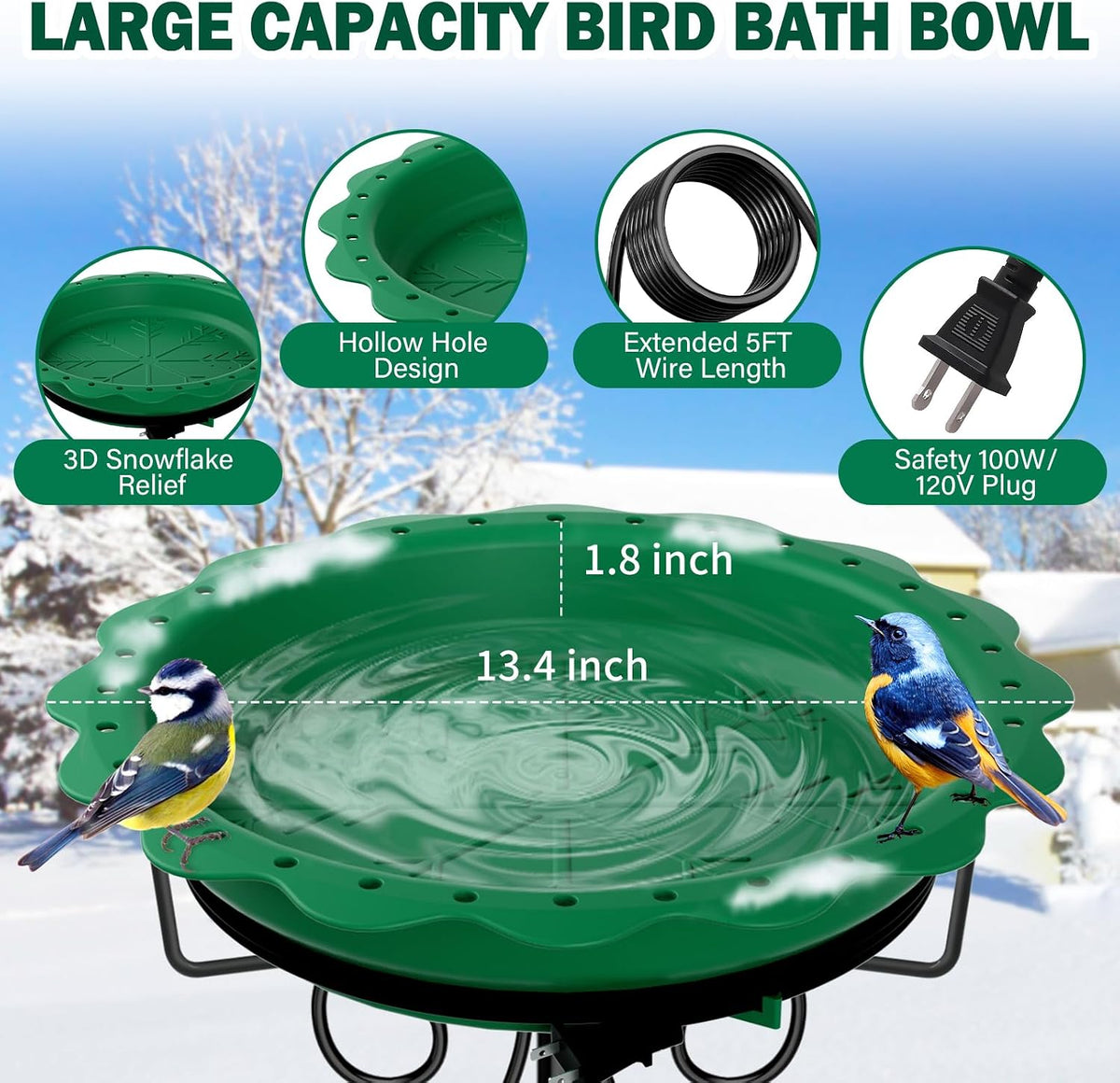 100W Heated Bird Bath for Outdoors, Heated Birdbath Water Heater, Green