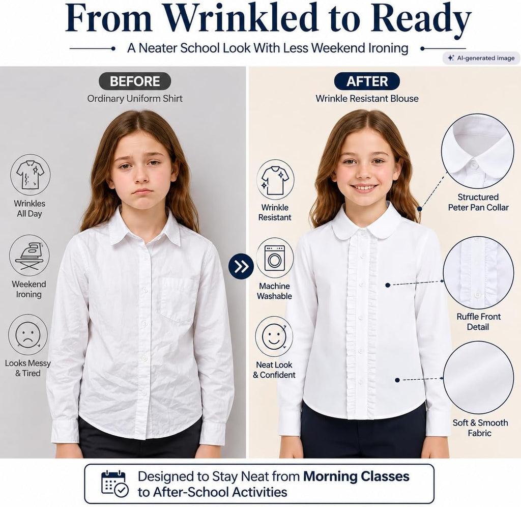 Girl White Ruffle Blouse: Wrinkle-Free School Uniform | Long Sleeve Cotton Collared Dress Shirt, No See-Through