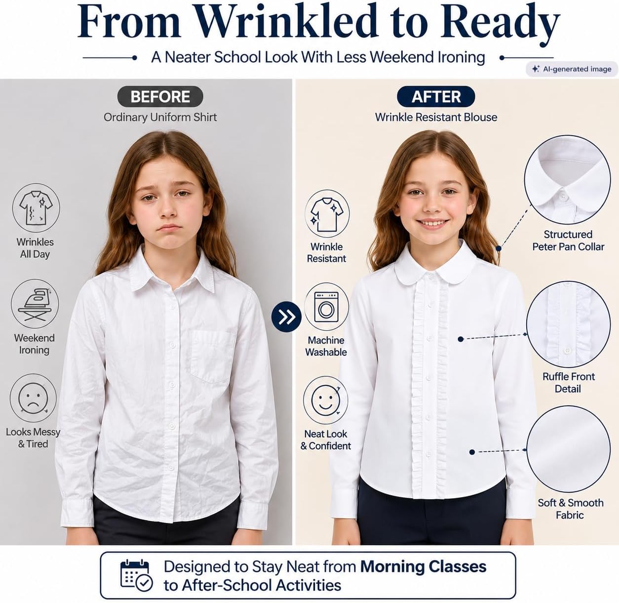 Girl White Ruffle Blouse: Wrinkle-Free School Uniform | Long Sleeve Cotton Collared Dress Shirt, No See-Through