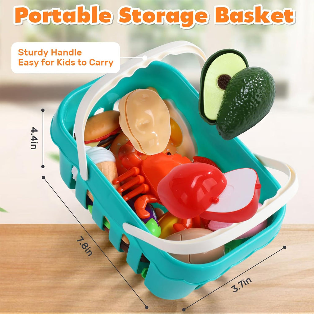 74-Pcs Kids Kitchen Toy Accessories with Basket, Pretend Play Cooking Set with Toy Pots and Pans, Utensils, Cookware