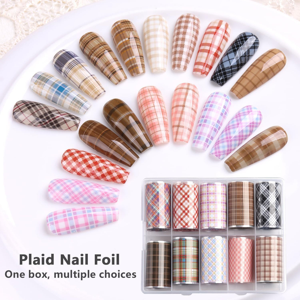 10 Rolls Plaid Nail Art Foil Transfer Sticker Colorful Checkered Pattern