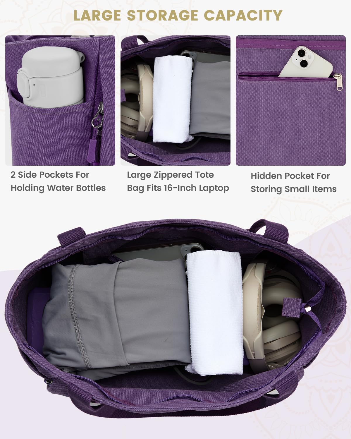 Yoga Mat Bag, Large Tote Bag with Multi Pockets for Women Men, Canvas Mat Carrier, Full Zipper Easy Access for