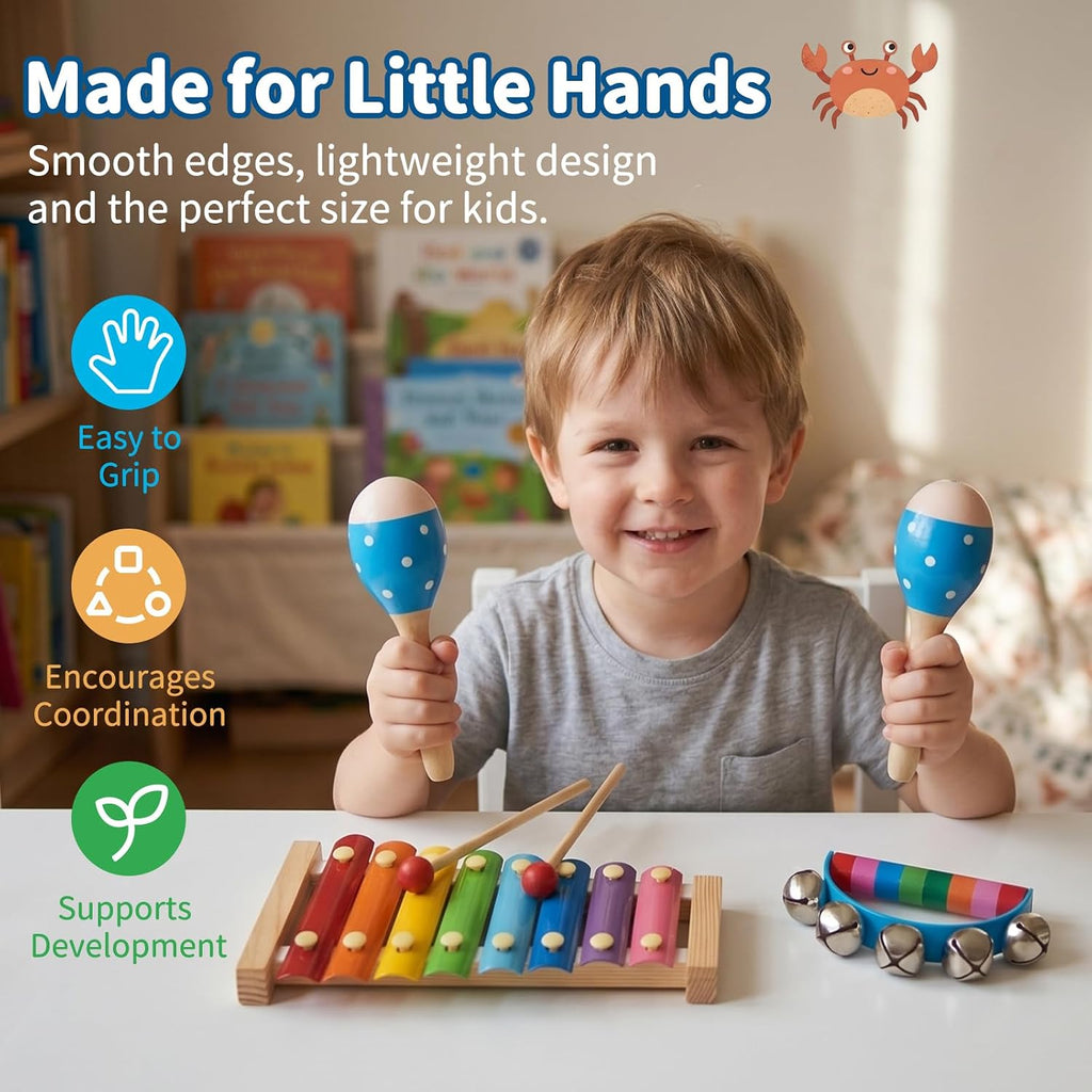 Wooden Musical Instruments Set for Toddlers 1-3, Montessori Baby Toys | 8 Kinds of Natural Wood Percussion