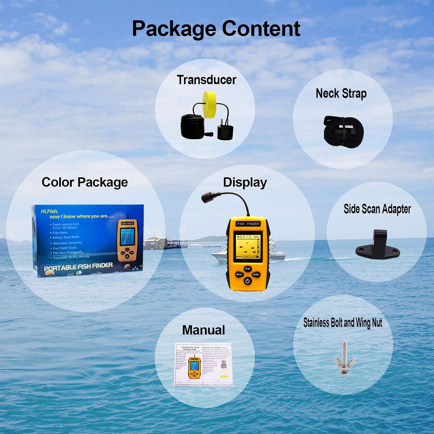 Handheld Fish Finder Portable Fishing Kayak Fishfinder Fish Depth Finder Fishing Gear with Sonar Transducer and LCD