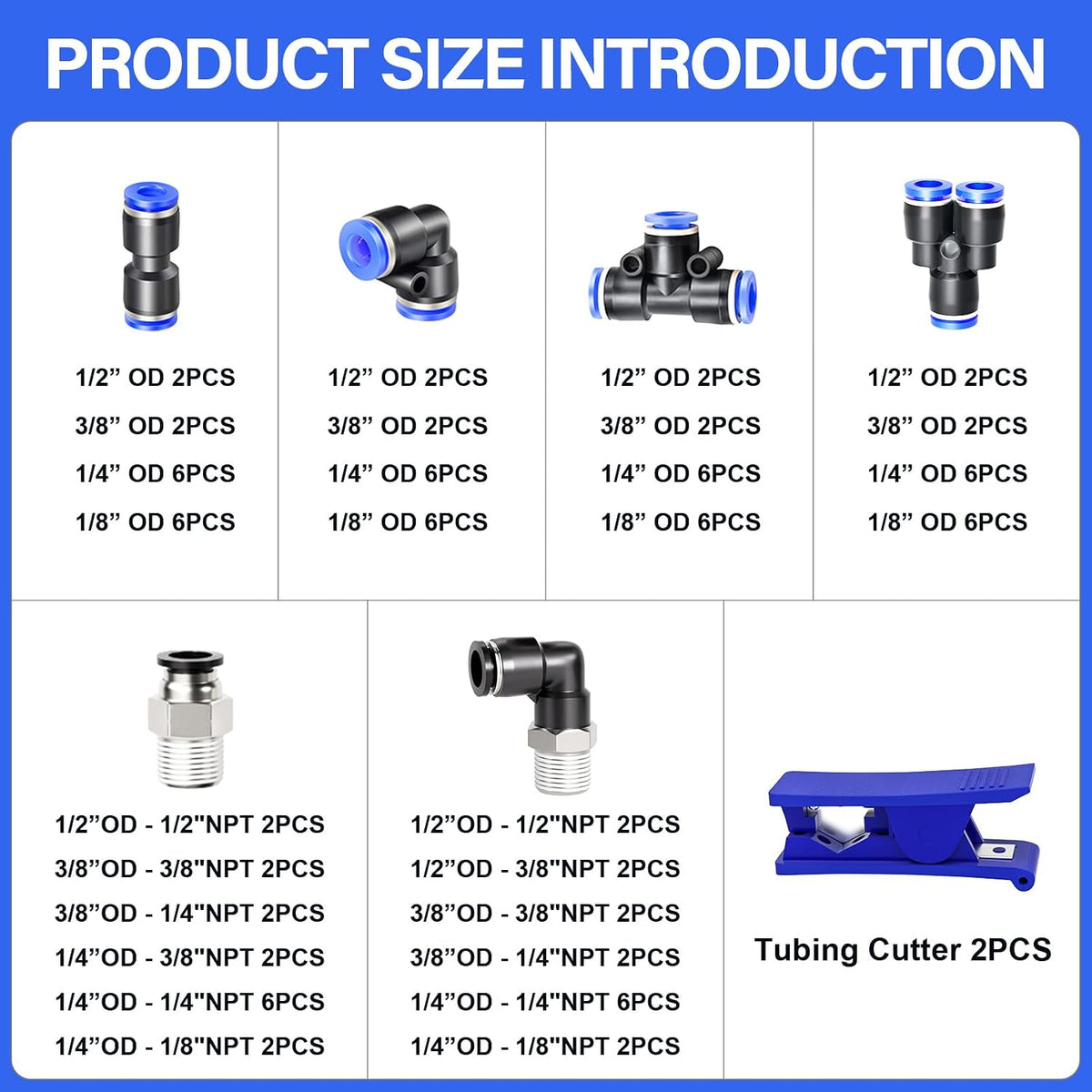 TAILONZ PNEUMATIC 1/4"3/8"1/2"1/8" Push to Connect Fittings Air Hose Fittings,Threaded Connection Kits, Suitable for Nylon Tube PU Tube Air Tube and Other Connection Kits（Pack of 98）