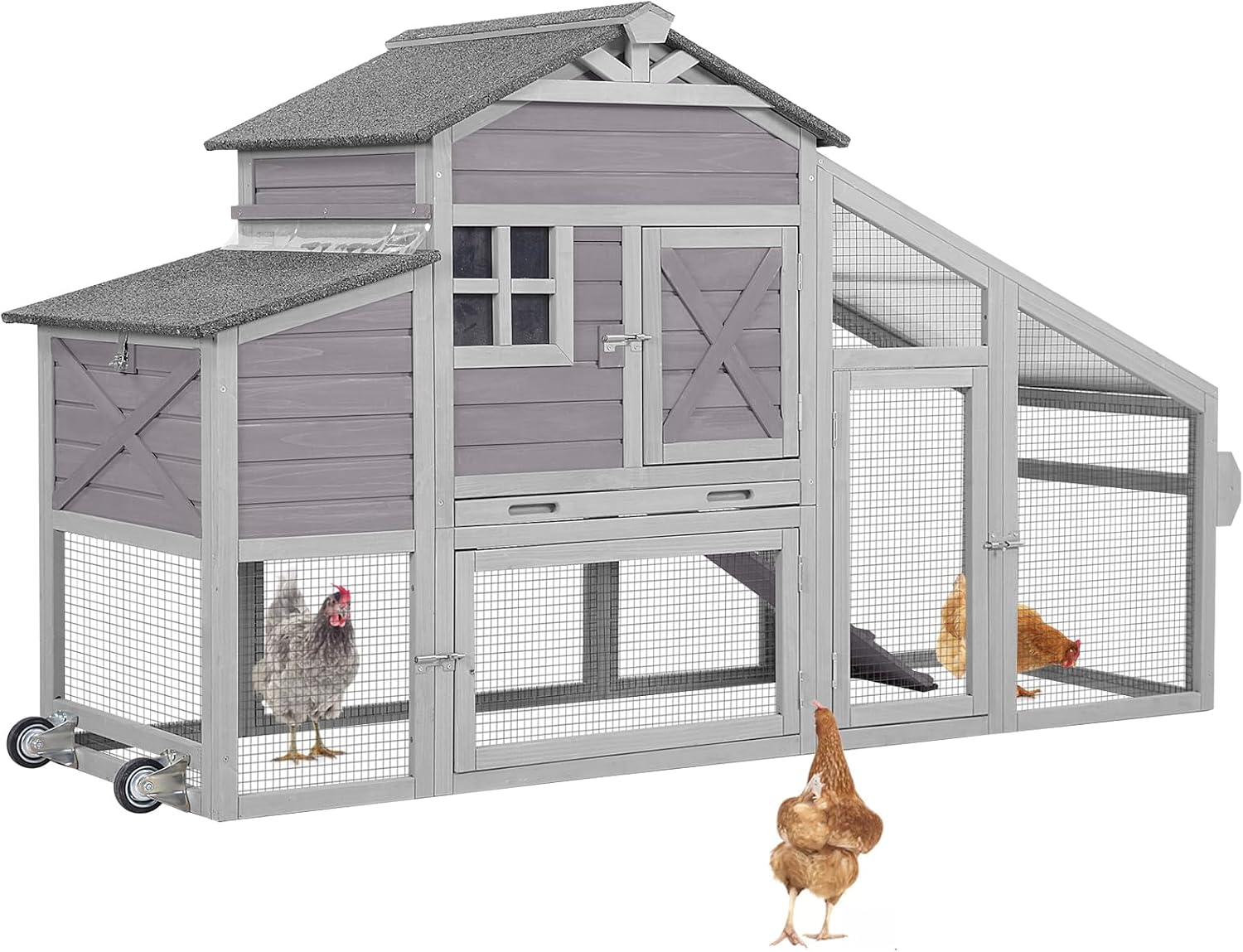 Chicken Coop Mobile Hen House with Nesting Box Outdoor Rabbit Hutch Poultry Cage 73.4" with Wheel for 2-4 Chickens,Grey