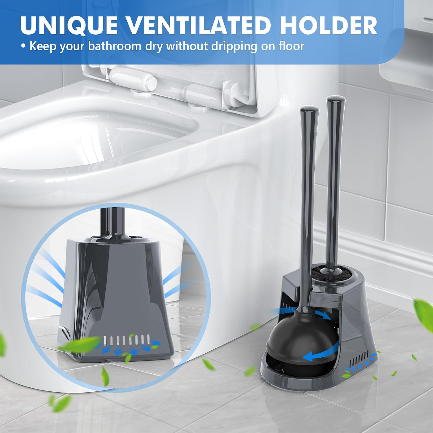 Toilet Plunger and Brush with Holder, Bowl Brush and Heavy Duty Toilet Plunger Set with Ventilated Holder, 2-in-1
