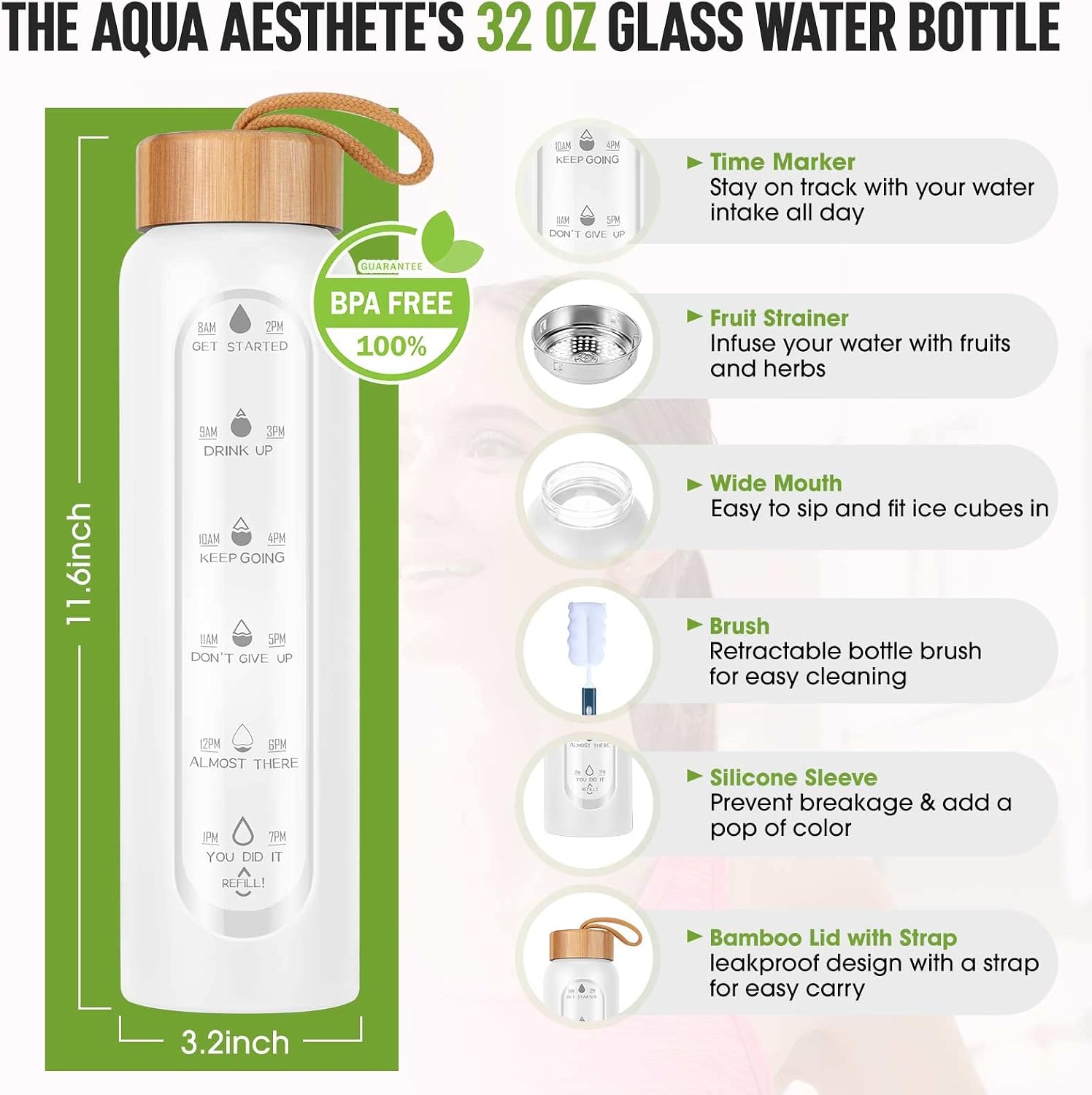 Glass Water Bottles 32 Oz with Silicone Sleeve - BPA Free Reusable Wide Mouth Glass Motivational Water Bottles with