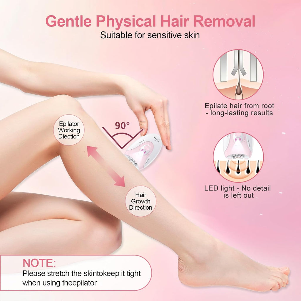 Epilator for Women, 2 Speeds Facial Hair Removal Device with LED Light, 36 Tweezers & Massage Pad, Rechargeable