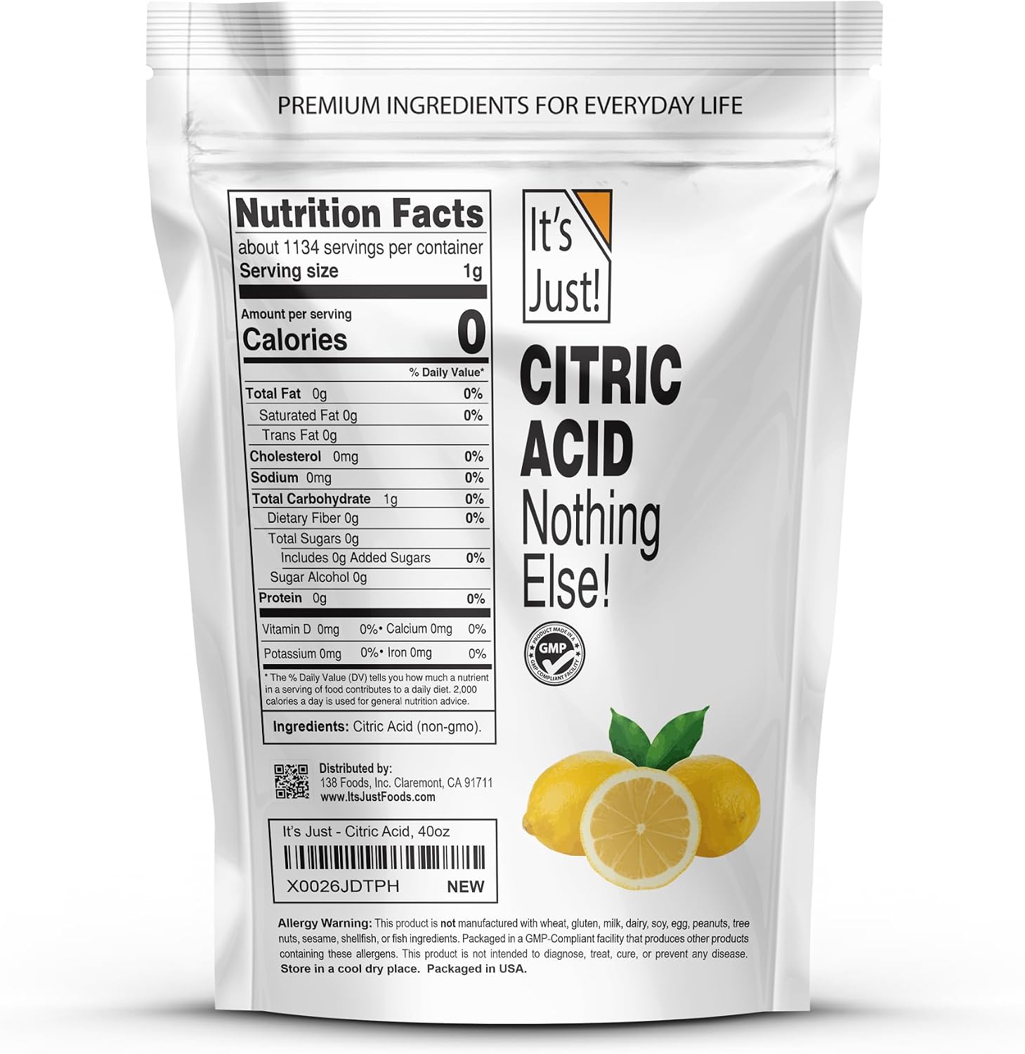 Citric Acid, Food Grade Flavor Enhancer Powder, Non-GMO, Great for Cooking, Cleaning, Bath Bombs, Natural