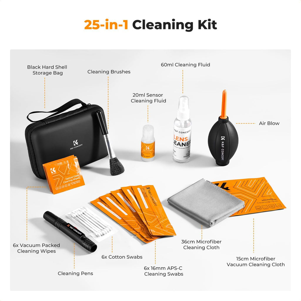 25 in 1 Camera Pro Cleaning Kit, APS-C Lens and Sensor Cleaner | 16mm Vac-Sealed Swabs,Lens Pen,60 and 20ML Lens