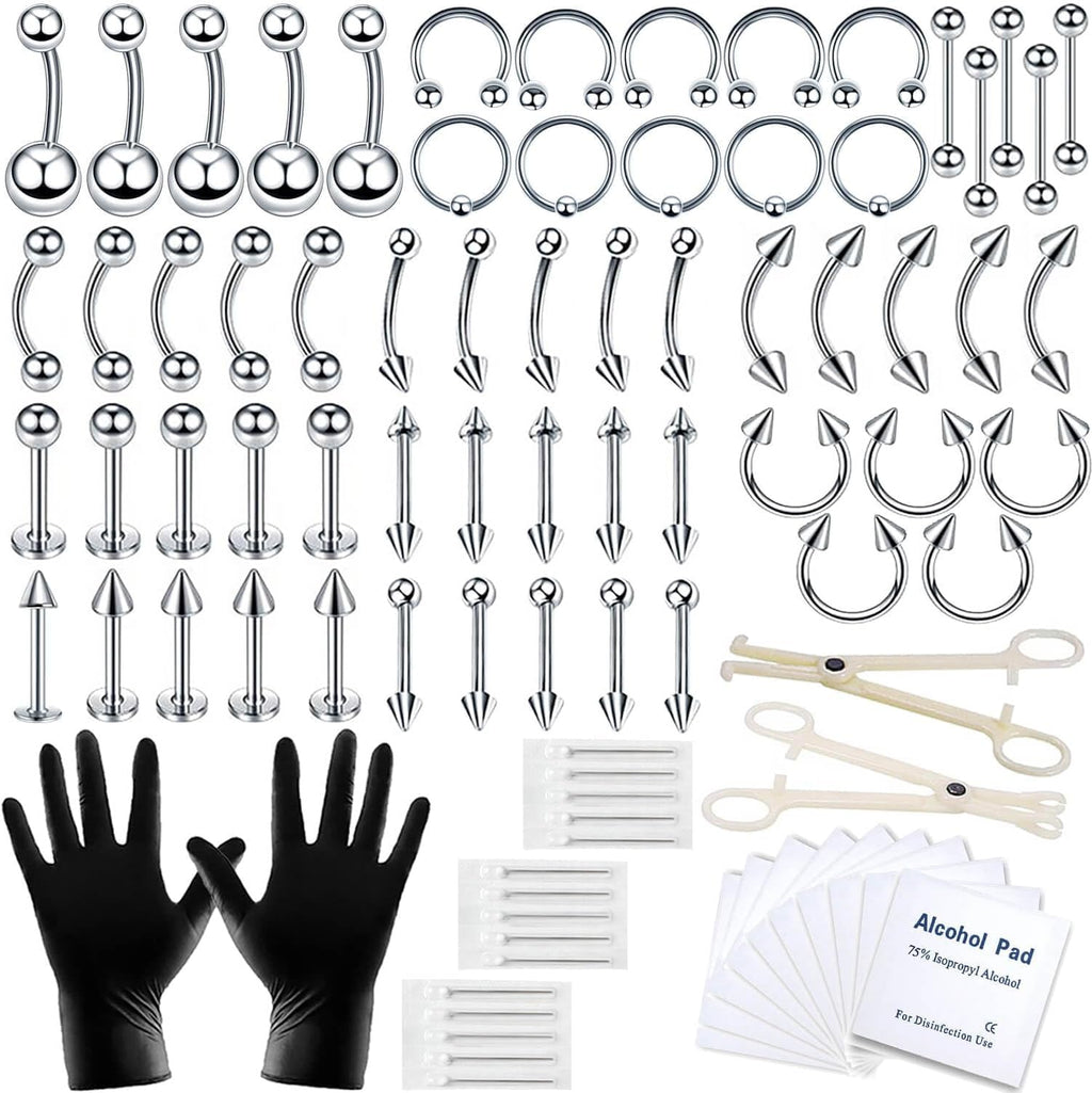 84+98+120PCS Body Septum Piercing Kit 14G 16G Tools for Nose Tongue Lip Ear Eyebrow Belly Button Cartilage Tragus