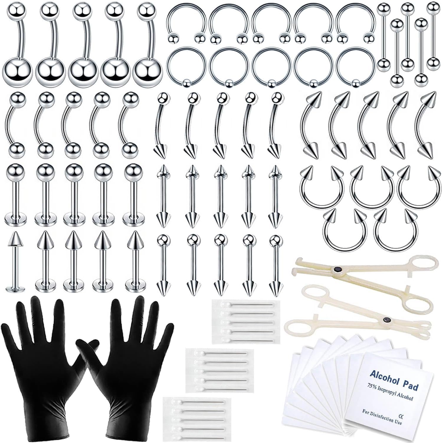 84+98+120PCS Body Septum Piercing Kit 14G 16G Tools for Nose Tongue Lip Ear Eyebrow Belly Button Cartilage Tragus