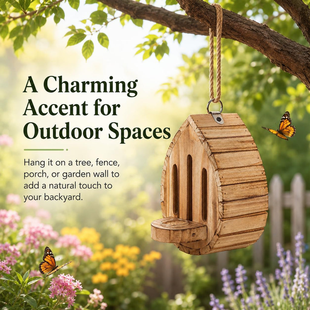 Wooden Butterfly House and Feeder for Outdoors, Natural Butterfly Habitat Nesting Box, Hanging Bug Hotel Garden
