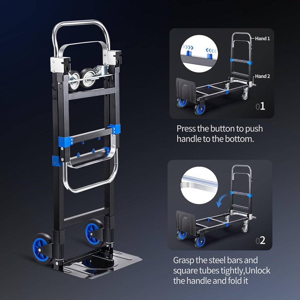 Pro 3 in 1 Aluminium Hand Truck 660lbs Capacity, Heavy Duty Convertible Hand Truck Dolly W/ 4 Rubber Wheels, Foldable