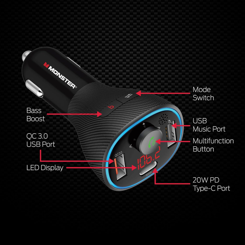 Monster Bluetooth FM Transmitter for Car Cigarette Lighter with 20W QC3.0 USB A & USB C PD Charger, Bass Boost
