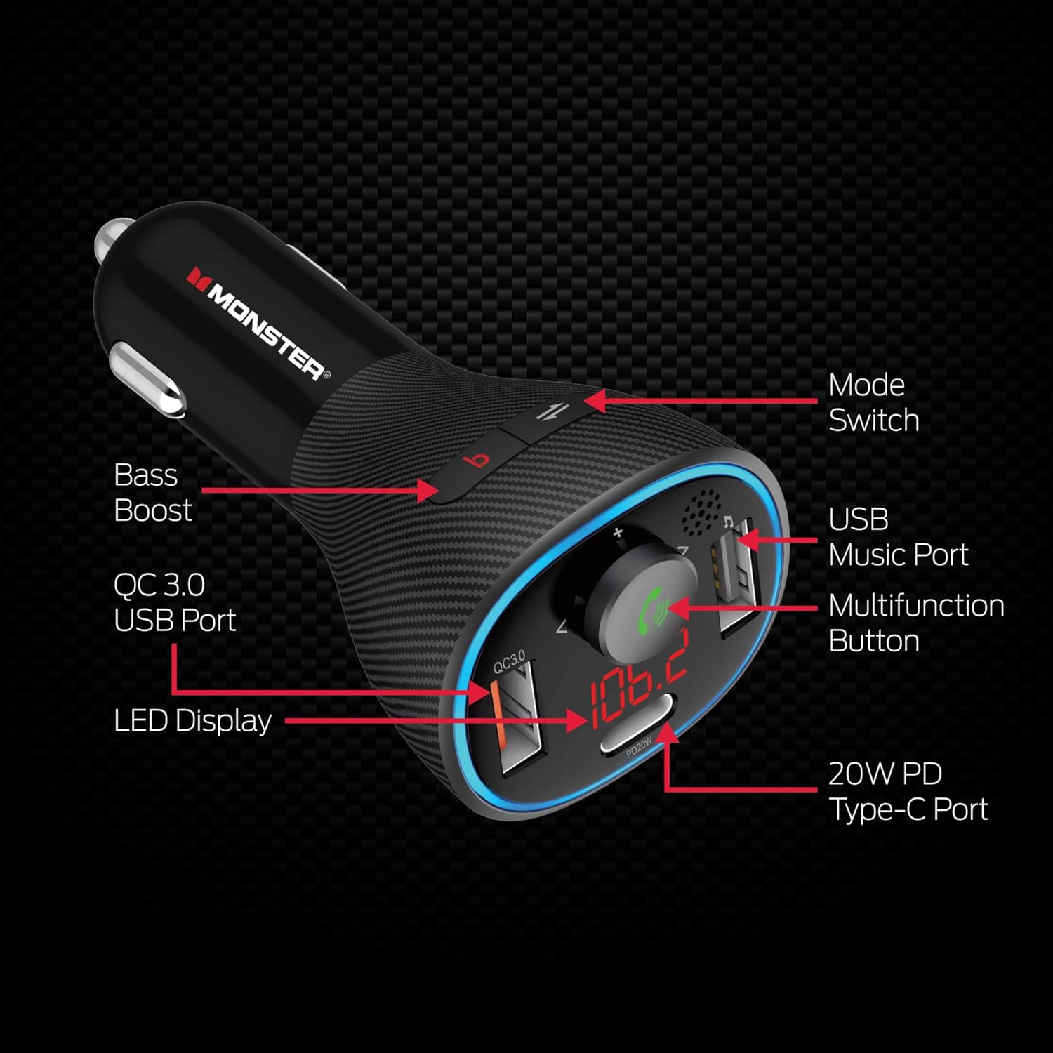 Monster Bluetooth FM Transmitter for Car Cigarette Lighter with 20W QC3.0 USB A & USB C PD Charger, Bass Boost