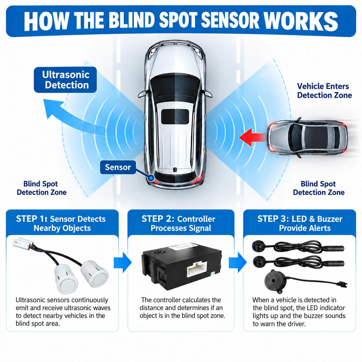 Riloer Blind Spot Sensor Ultrasonic Detection System with LED Alert White