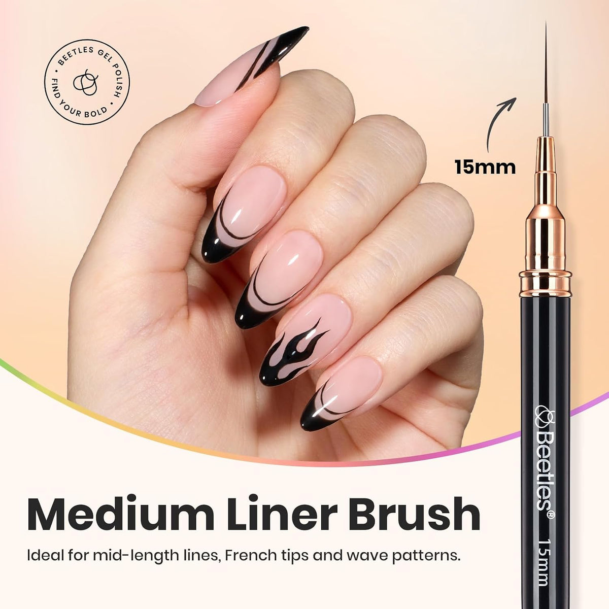 Beetles Liner Brushes for Nails 5pcs, Metallic Nail Art Brushes Black