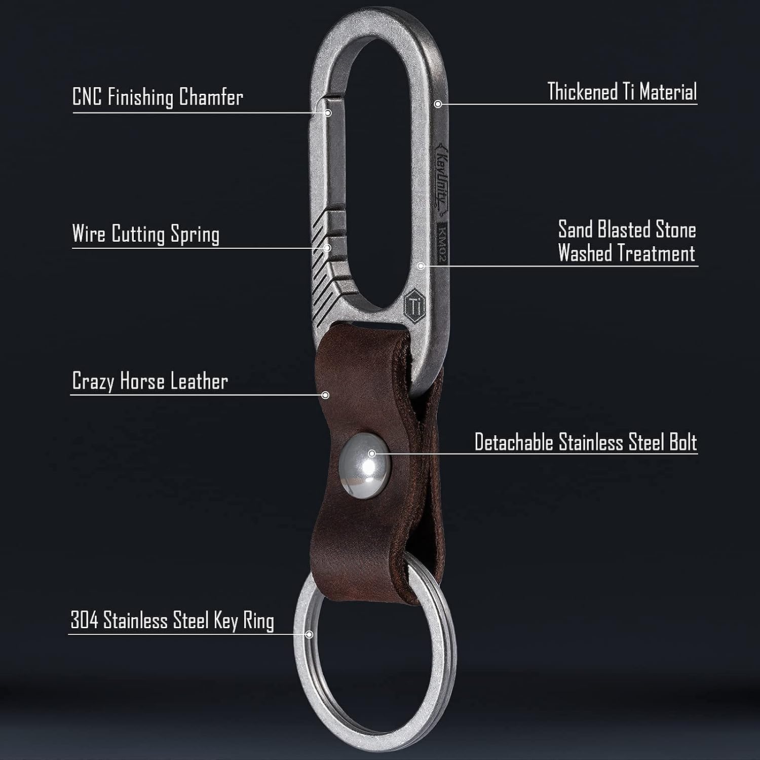 KM02 Titanium Belt Clip Carabiner Leather Keychain Holder with Removable Stainless Steel Key Ring